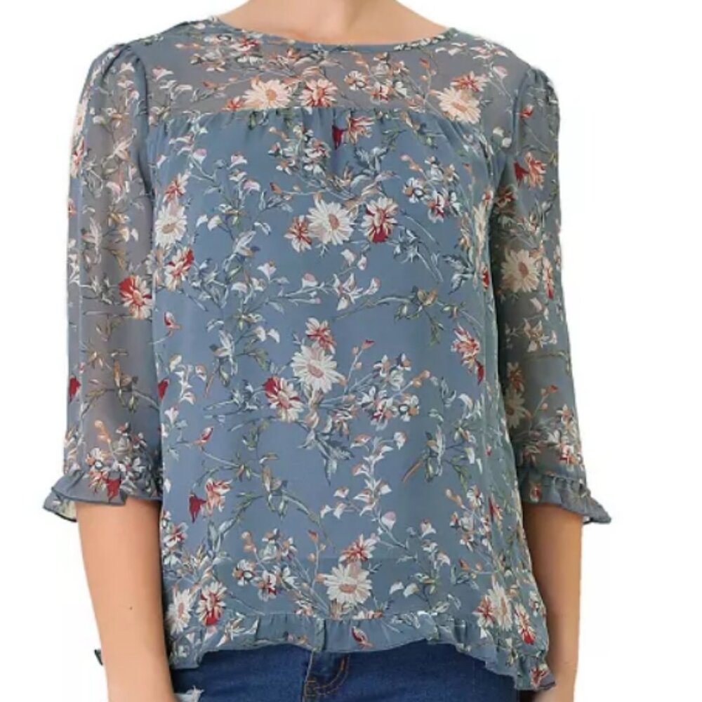Women's Casual Ruffle 3/4 Sleeve Floral Print Chiffon Blouse - Small Gra…